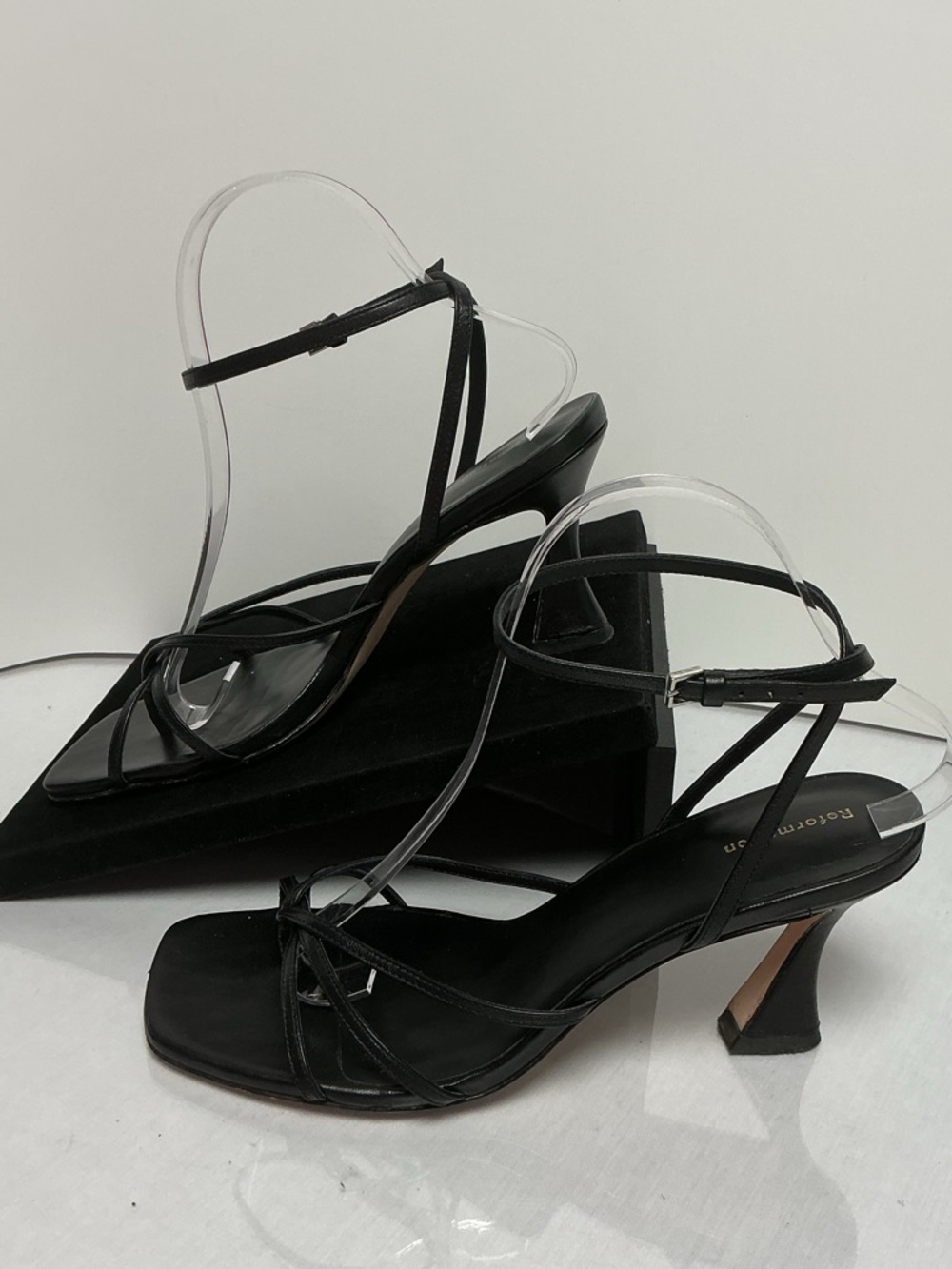 Reformation Strappy Square Toe Black Leather Heels Size 8.5 - Picture 1 of 10